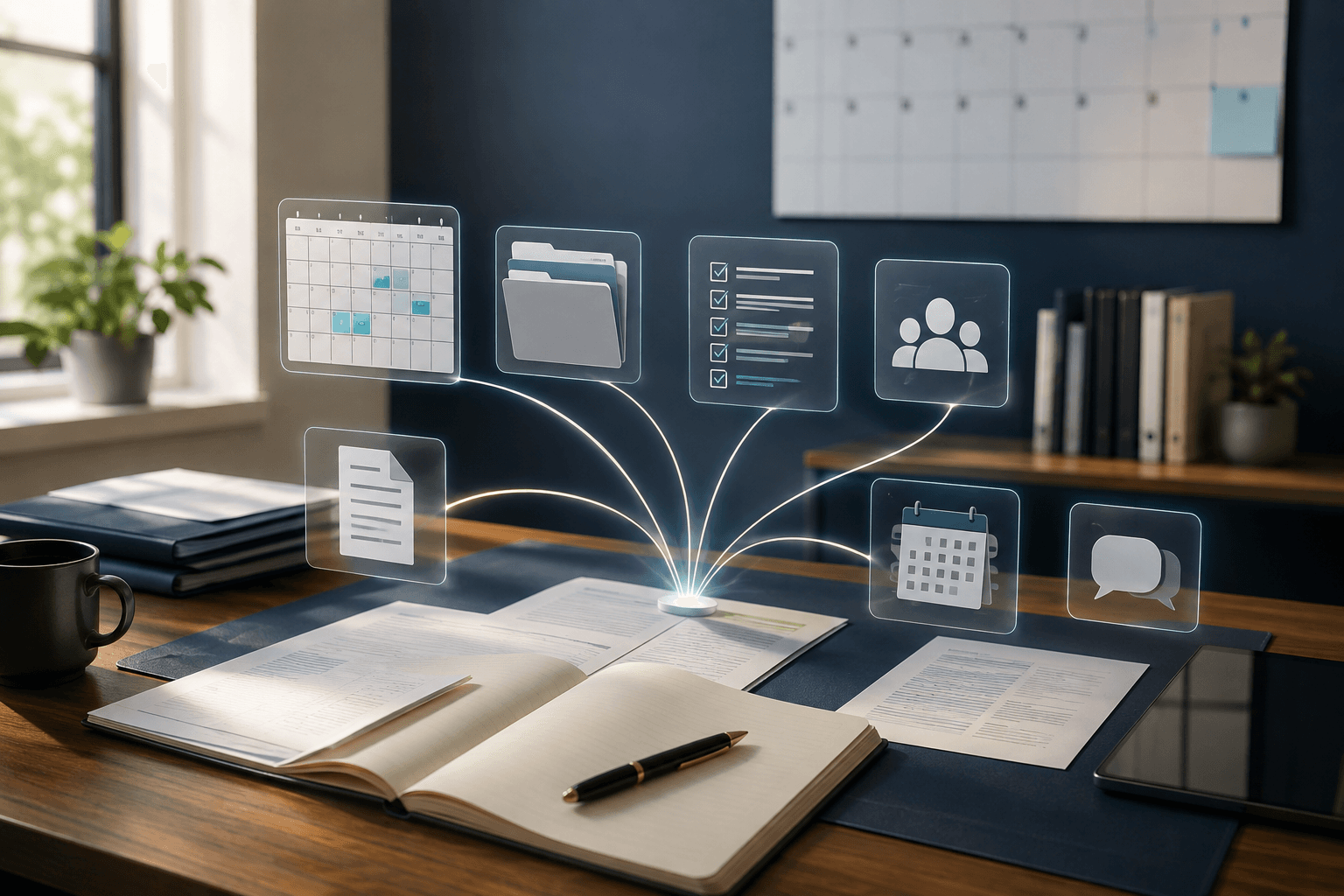 A connected client operations workspace coordinating documents, schedules, tasks, and communications