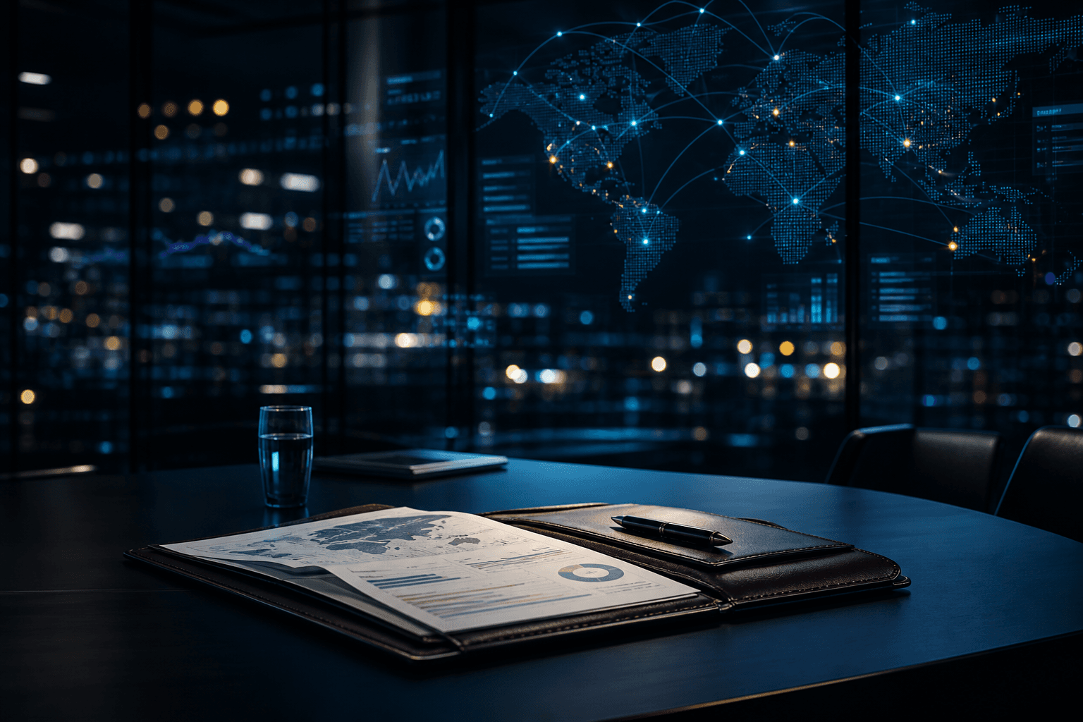 An executive strategy room with market signals and a decision-ready briefing