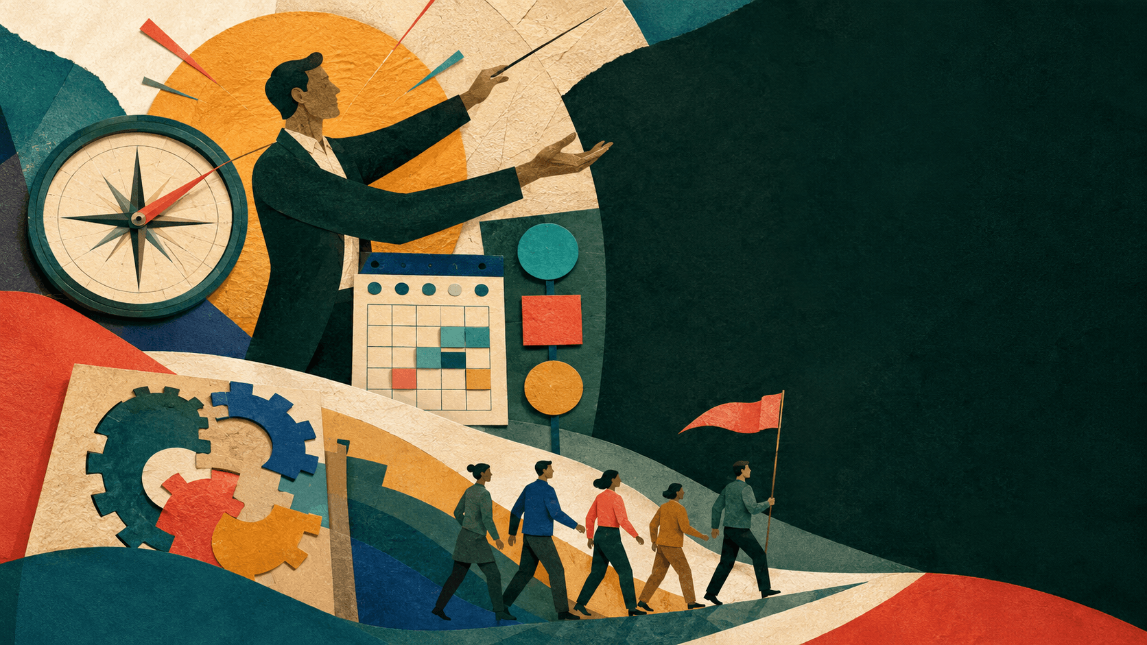 Editorial illustration of an operating leader creating direction, rhythm, and team alignment