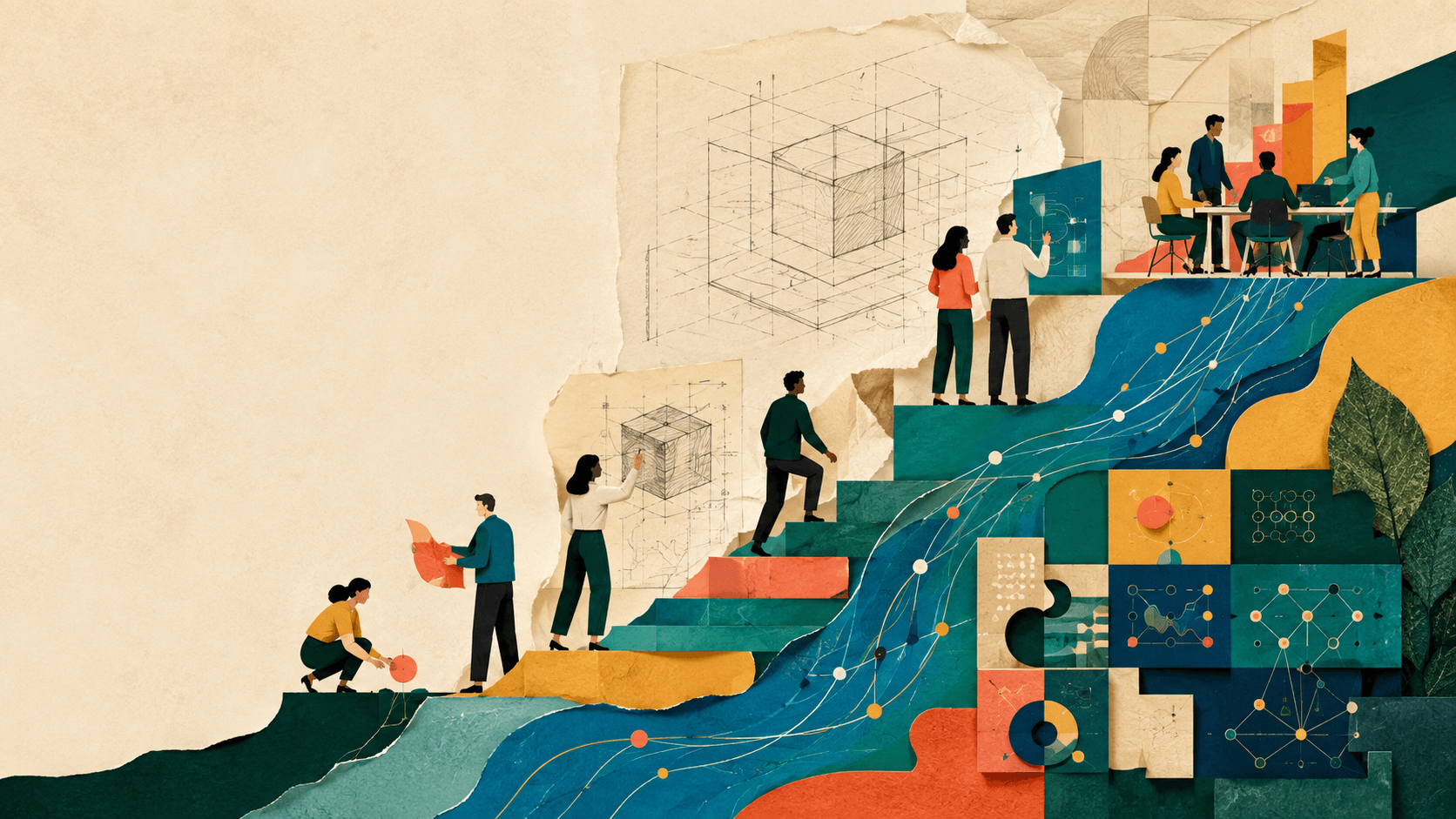 Editorial illustration of a team building and scaling a connected business system